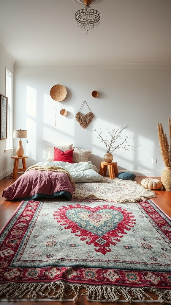 A cozy bedroom with layered rugs, featuring a heart-patterned main rug and a soft textured rug on top.