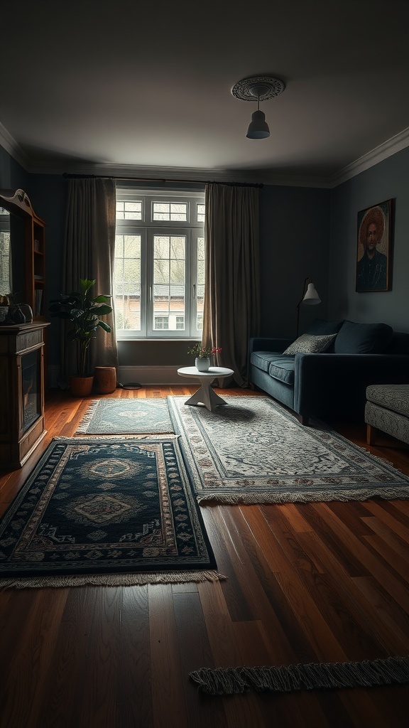 A cozy living room featuring layered rugs on a wooden floor, with dark walls and tasteful decor.