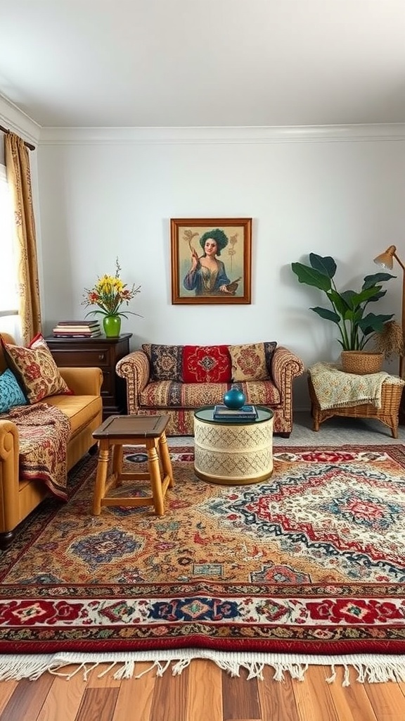 A cozy living room with layered rugs, featuring a patterned rug underneath and a smaller decorative rug on top, complemented by vintage furniture and artwork.