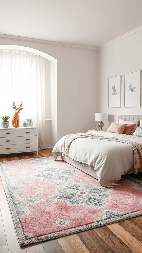 A pink and grey themed bedroom featuring a layered rug.