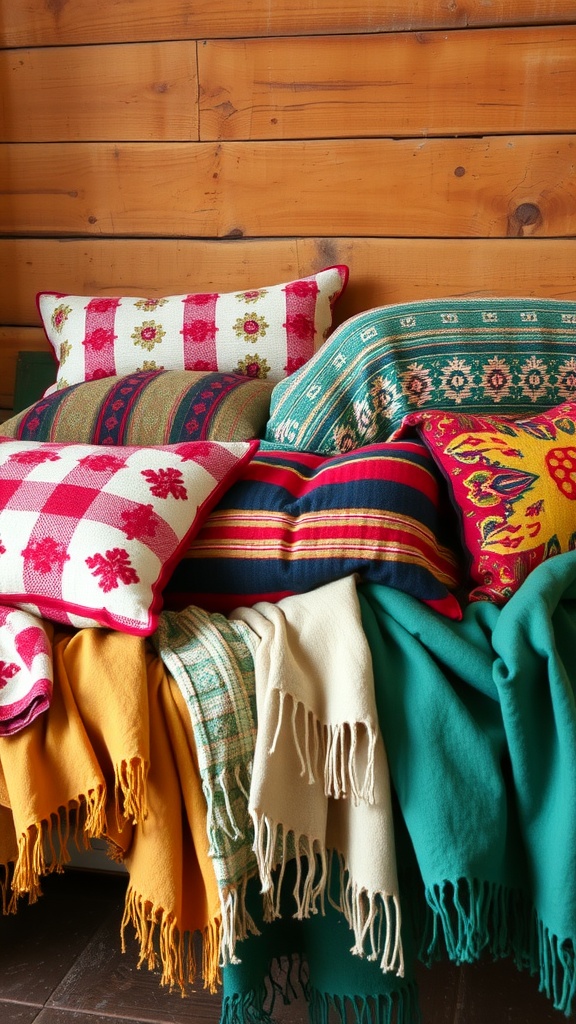 A collection of colorful layered pillows and throws on a couch, showcasing various patterns and textures.