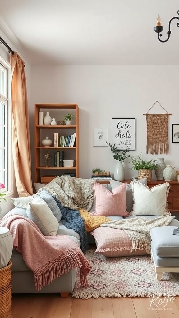 Cozy shabby chic living room with layered textiles on a couch and a patterned rug