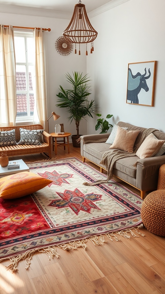 A cozy boho living room featuring a vibrant rug, layered textiles, and plants