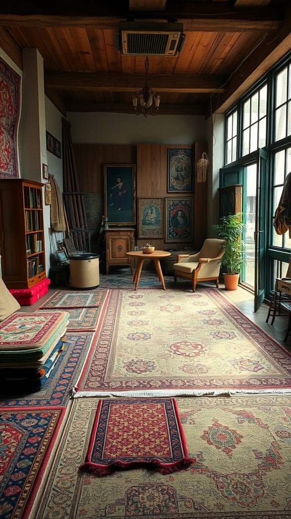 A vintage-inspired room featuring layered rugs, wooden furniture, and eclectic decor.