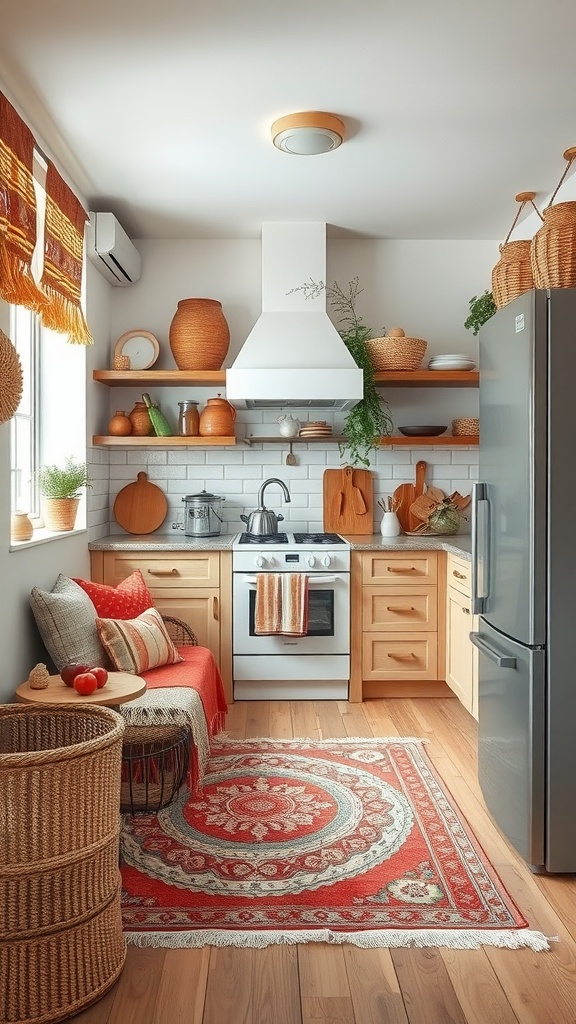 A cozy boho kitchen featuring layered textiles, a patterned rug, and warm decor elements.