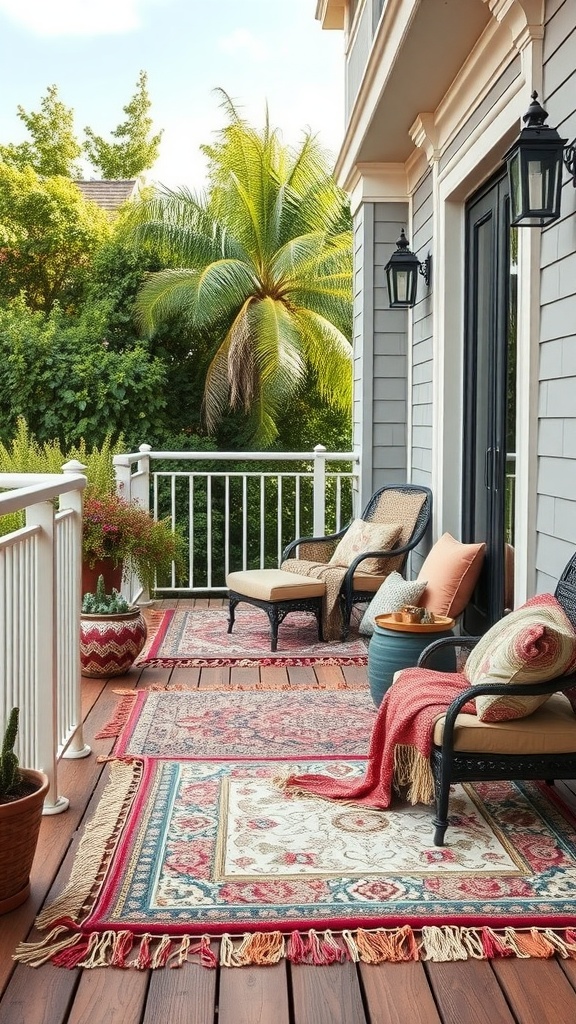 A beautifully decorated balcony featuring layered rugs and cushions for a cozy look.