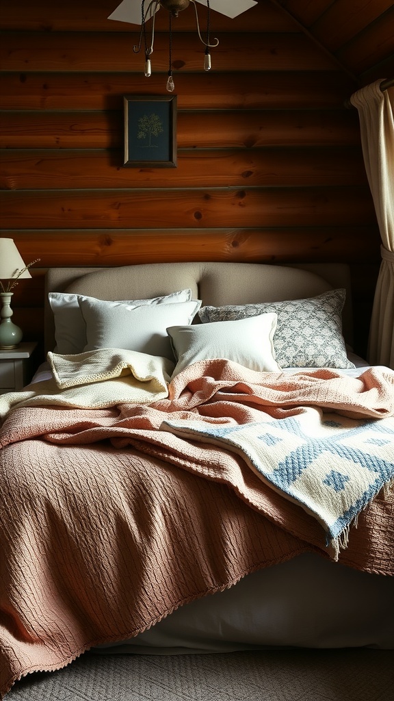 A cozy cabin bedroom with a layered bedspread featuring various textures and colors.