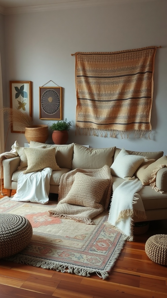 A cozy living room featuring a layered textile arrangement with pillows, throws on a sofa, and a decorative rug on wooden flooring.