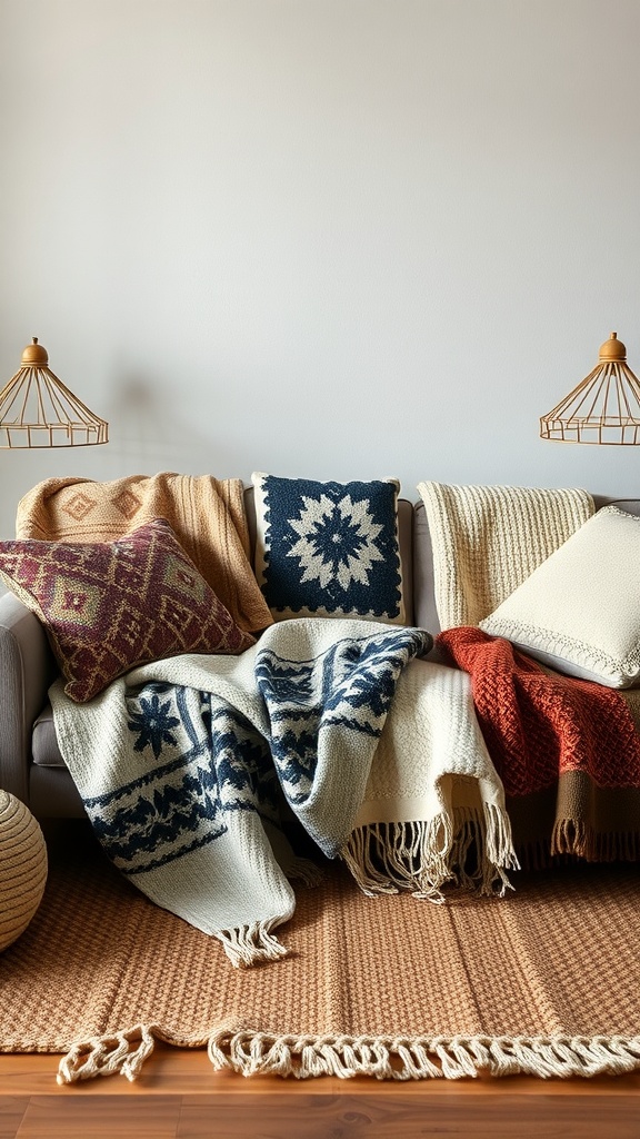 Cozy living room sofa adorned with layered blankets and pillows in warm colors.