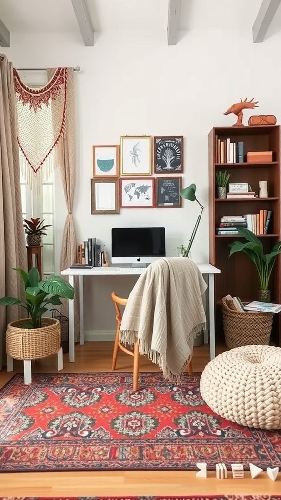 A stylish boho home office featuring layered textiles, including a rug, pouf, and throw blankets