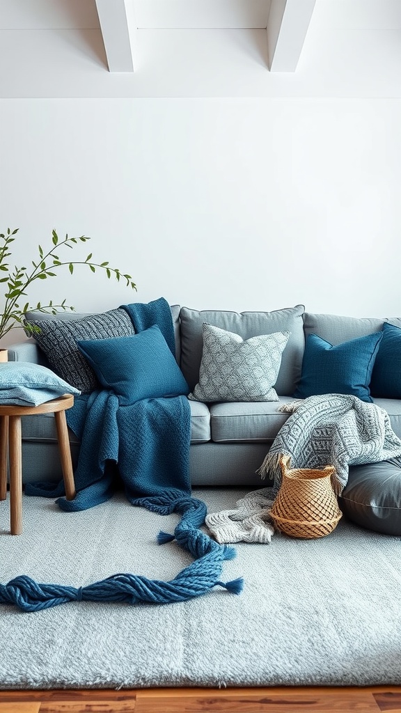 Cozy blue and gray living room with layered textiles, cushions, and throws