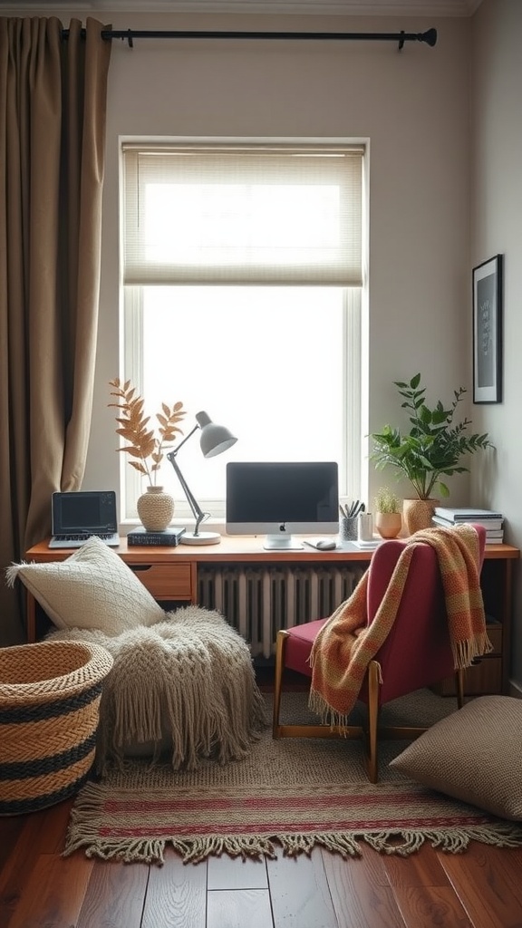 A cozy home office with layered textiles including a throw blanket, pillows, and a shaggy rug.