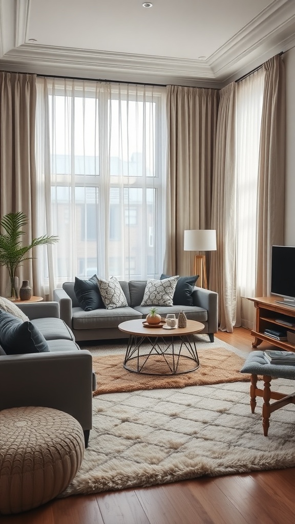 Cozy living room with soft curtains, layered cushions, and a warm area rug