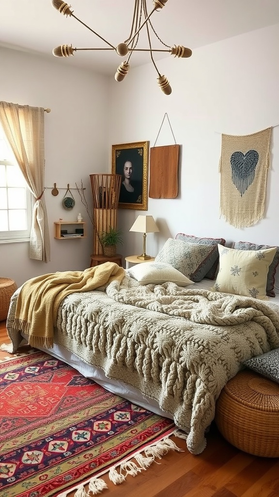 Eclectic bedroom featuring layered textures with a knitted throw, colorful area rug, and artistic wall hangings.