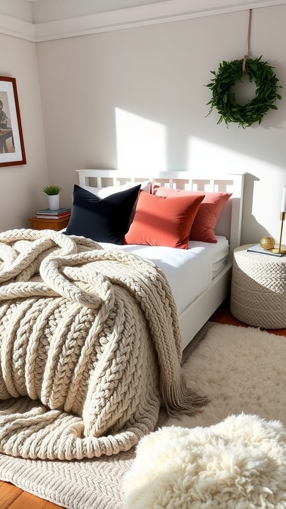 Cozy preppy bedroom with a layered knitted blanket, colorful pillows, and natural decor elements.