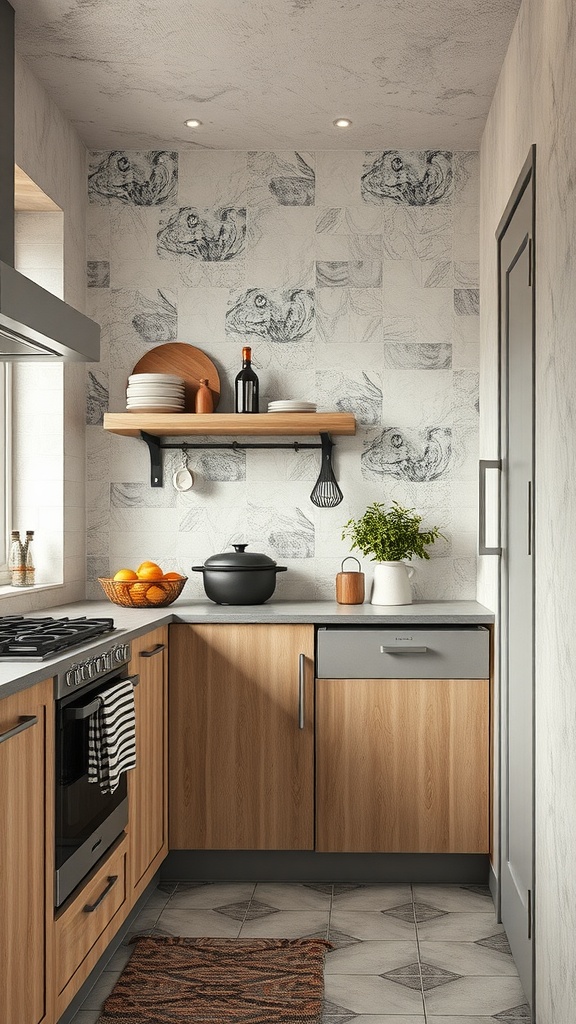 A cozy kitchen featuring wooden cabinets, textured wallpaper, and open shelving with decorative items.