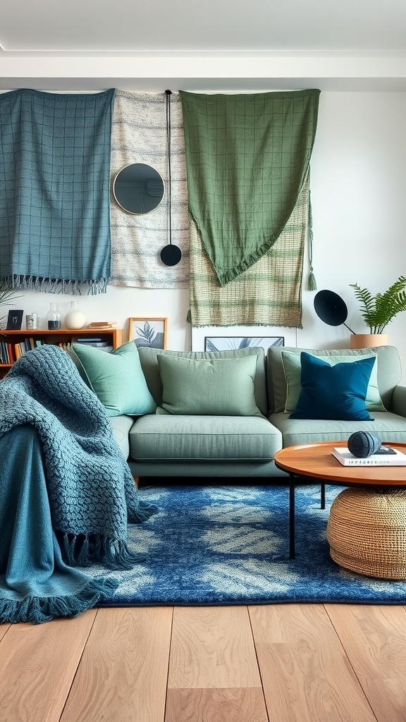 A cozy living room featuring layered blue and green textures, including draped fabrics, cushions, and a rug.