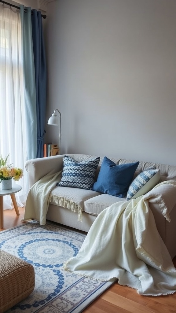 A cozy blue and white living room with a soft sofa, decorative pillows, and a textured rug.