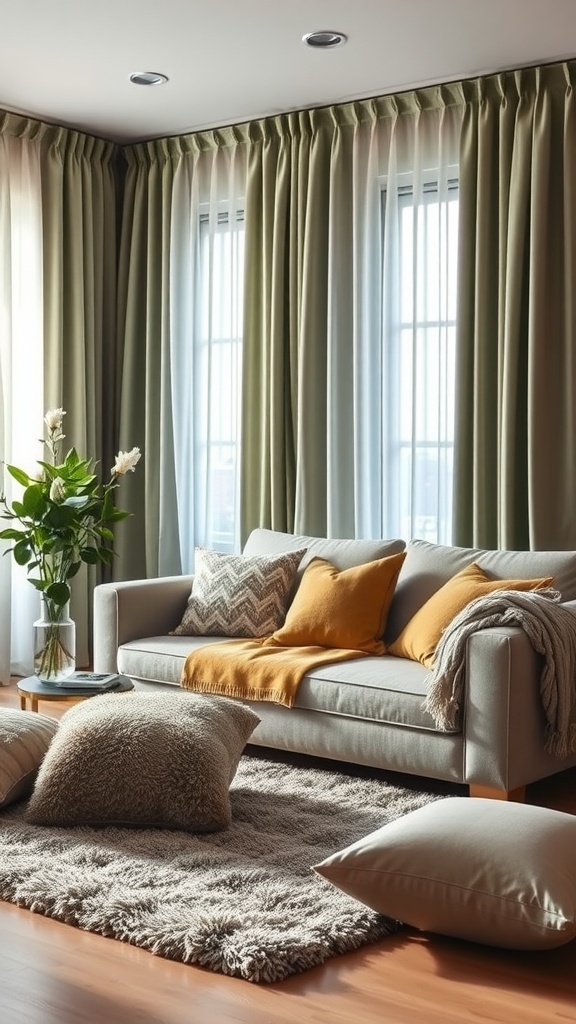 Living room with sage green curtains, light gray sofa, yellow and textured pillows, and a plush area rug.