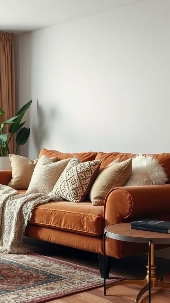 Cozy living room featuring a brown sofa with layered textures and soft fabrics.