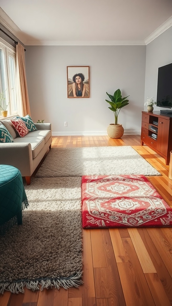 Living room featuring layered rugs, a couch, a plant, and a TV.