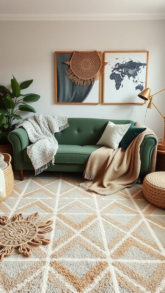 A cozy living room with a green couch layered with throws and a textured rug.