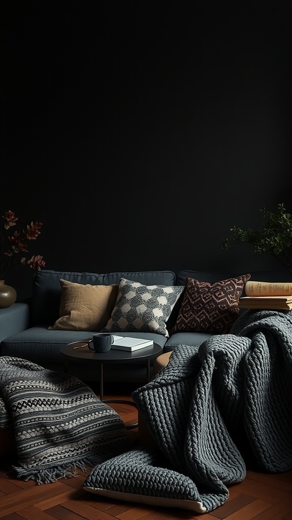 A cozy living room featuring a dark sofa with layered throw pillows and blankets, set against a black wall.