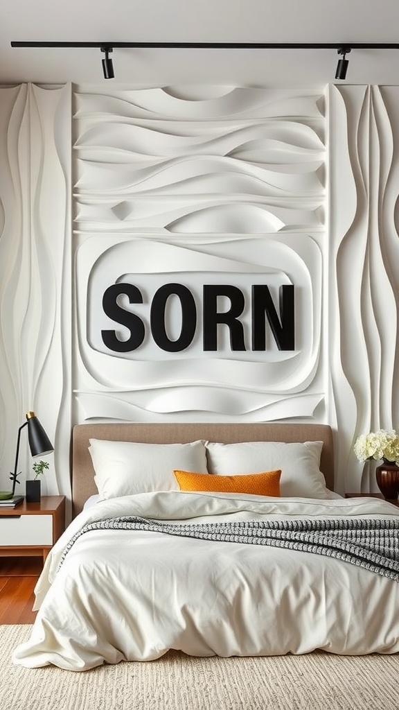 A modern bedroom showcasing layered 3D wall panels with a bold lettering design.