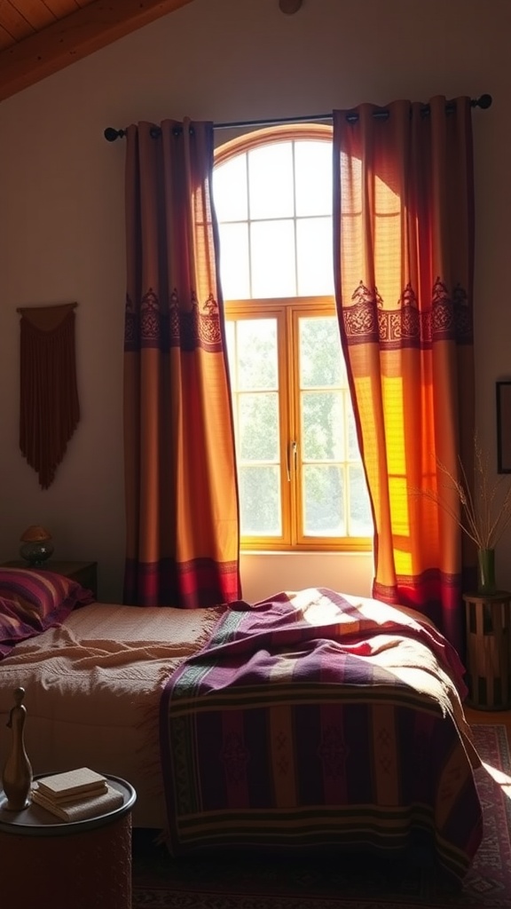 A southwestern styled bedroom with layered window treatments, showcasing long vibrant curtains and a warm atmosphere.