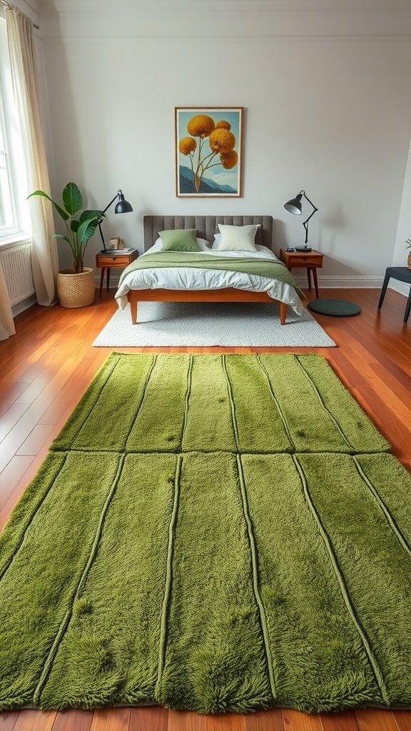 A cozy green bedroom with layered rugs, a bed with green pillows, and a potted plant.