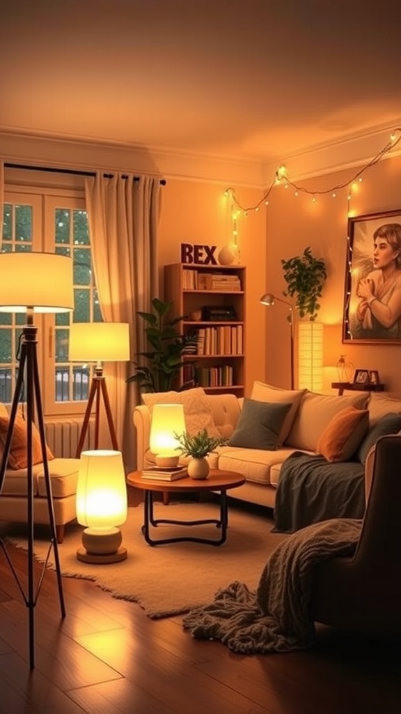 Cozy living room with layered lighting, including lamps and string lights.