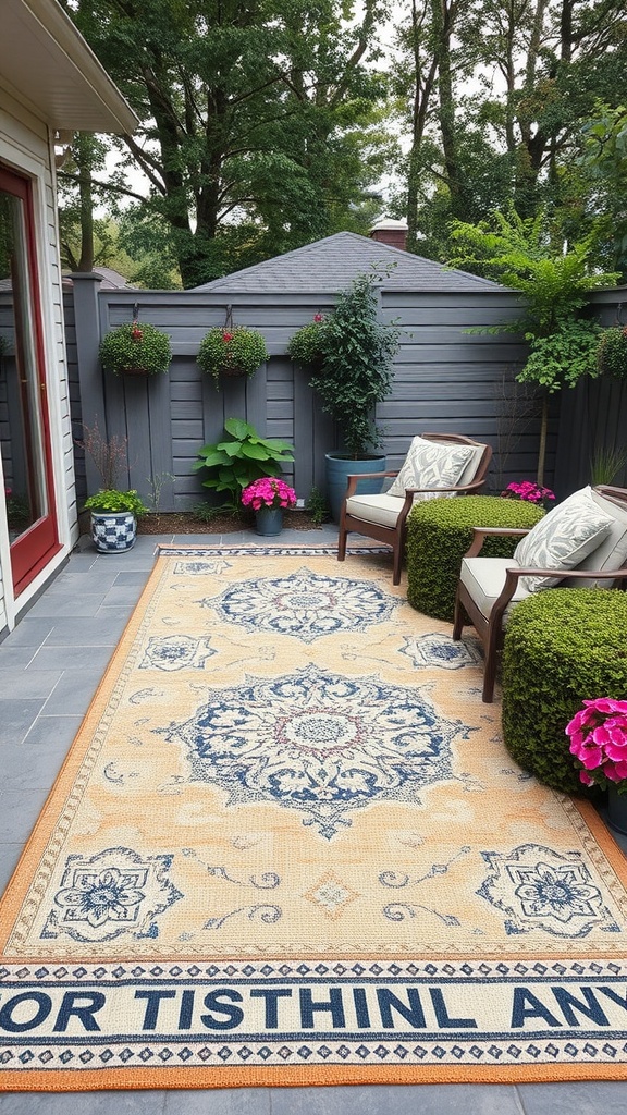 Layered patio rugs with a cozy seating area