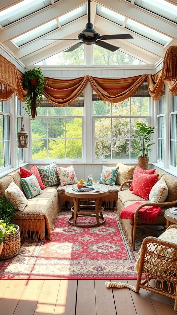 A cozy boho sunroom with layered textiles, comfortable seating, vibrant pillows, and a warm color palette.