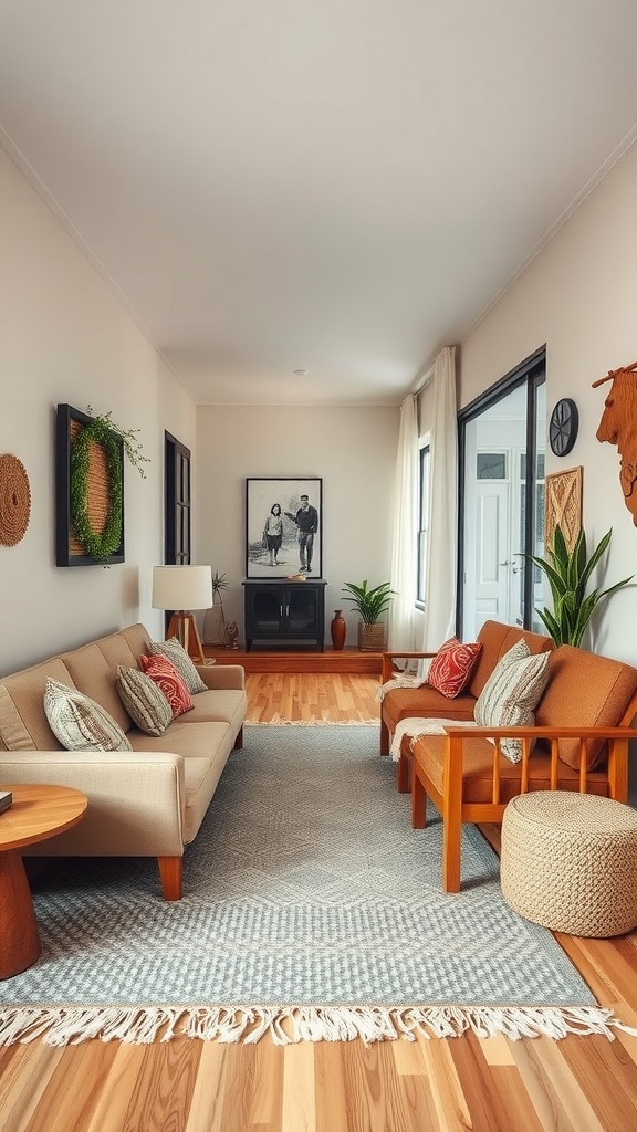 A long narrow living room with a beige sofa, wooden chairs, vibrant pillows, and a woven rug.