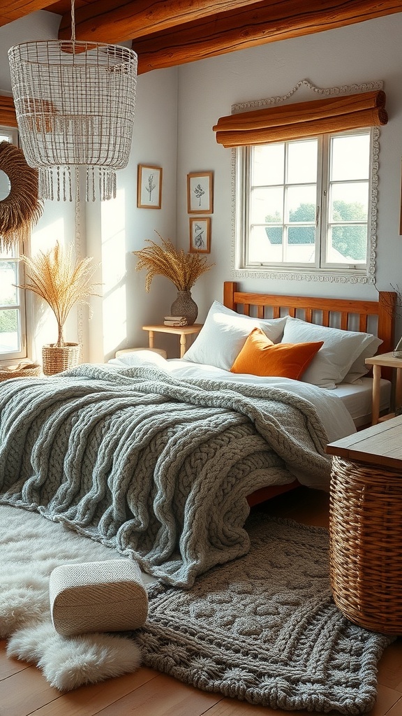 Cozy bedroom with wooden beams, layered textures, and natural light