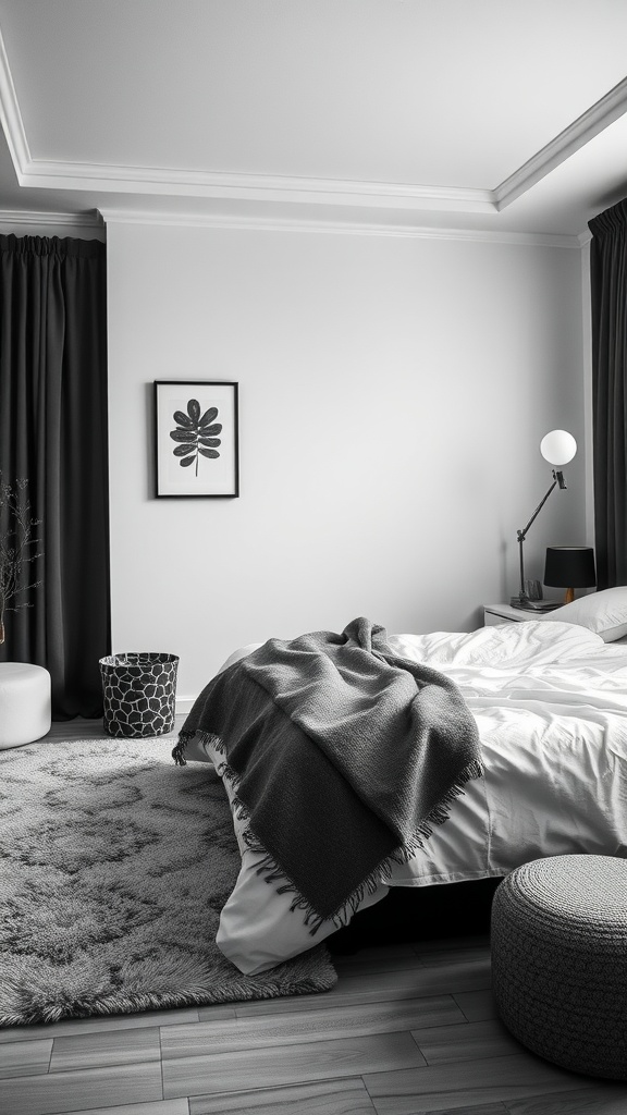 A black and white bedroom featuring a cozy bed with a textured blanket, a shaggy rug, and dark curtains.