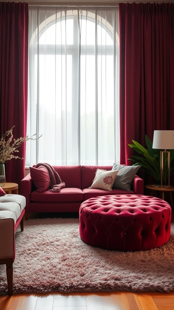 A cozy burgundy living room with plush curtains, a sofa, and a tufted ottoman.