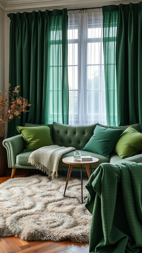 A cozy living room with forest green curtains and sofa, complemented by textured cushions and a plush rug.