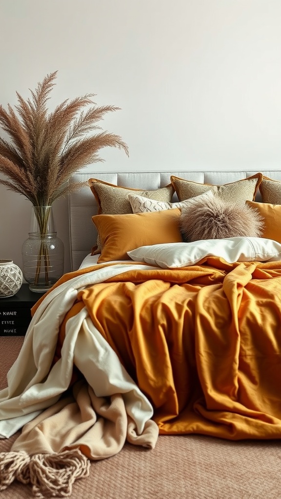 A cozy bedroom with layered textures featuring a golden-themed bedspread, various pillows, and pampas grass decor.