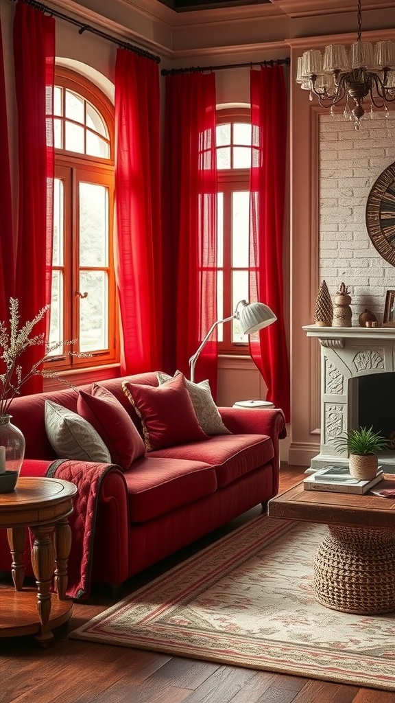 A cozy red living room featuring a red sofa, red curtains, and a wooden coffee table.