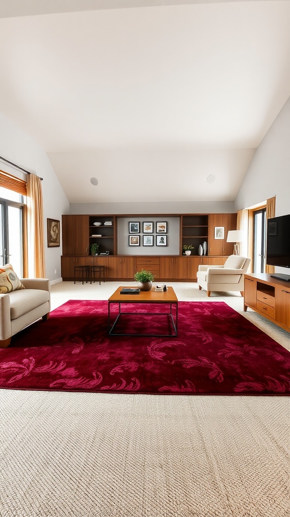 A cozy living room featuring a burgundy rug with neutral furniture and wooden accents.