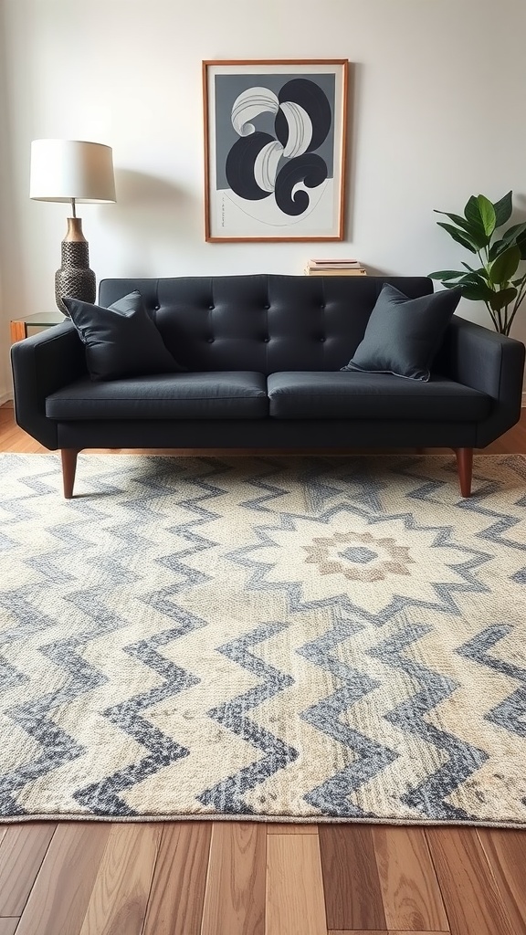 A living room featuring a dark gray sofa on a patterned area rug with geometric designs.