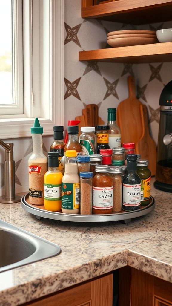 A Lazy Susan filled with various spices and condiments on a kitchen counter