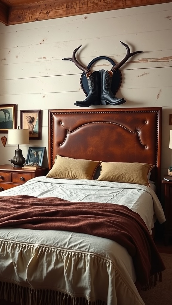 A cozy western bedroom featuring a leather headboard, cowboy boots, and antlers as decor.