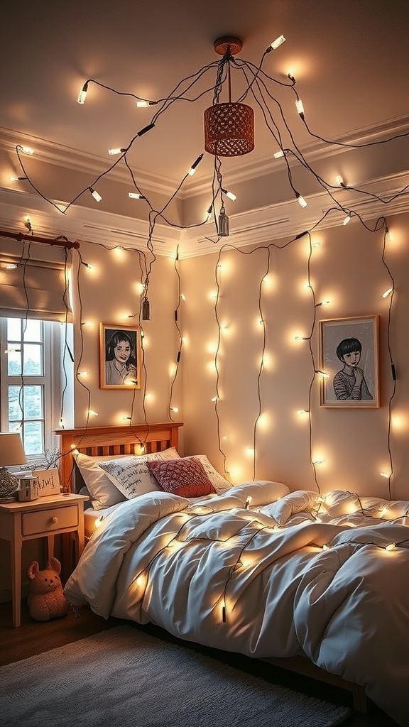 A cozy bedroom decorated with LED fairy lights wrapped around walls and furniture, creating a warm and whimsical atmosphere.