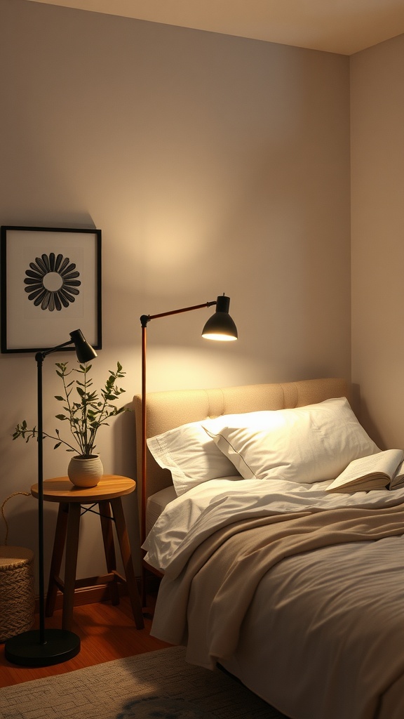 Cozy bedroom with LED floor lamp, neatly made bed, and decorative plant