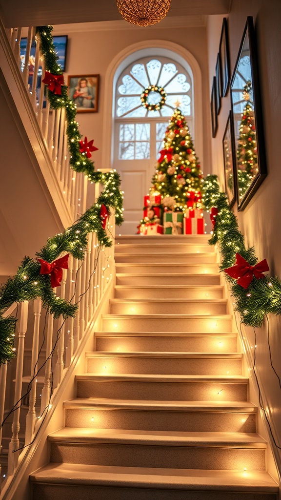 A staircase decorated with LED string lights and garlands for Christmas