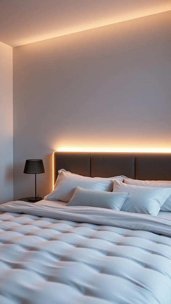 Stylish bedroom with LED strip lighting around the headboard, featuring white bedding and a black bedside lamp.