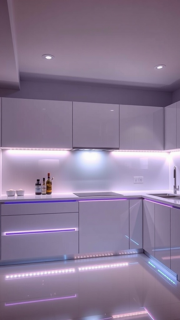 Modern kitchen with LED strip lights under cabinets and along the floor