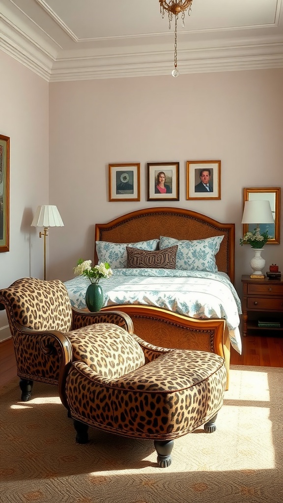 A stylish bedroom featuring leopard-patterned chair and elegant bed.